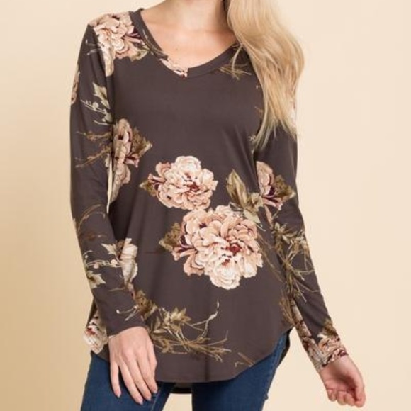 Charcoal V-Neck Floral Long Sleeve - Picture 1 of 3